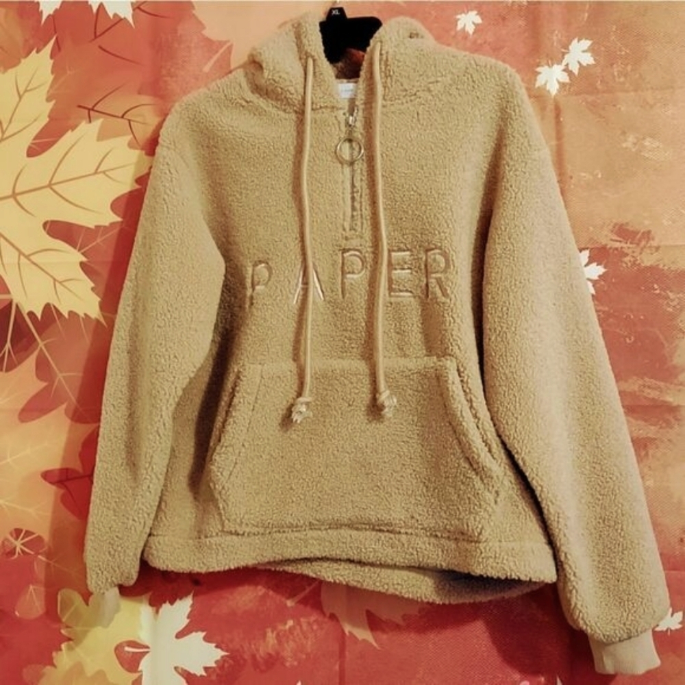 TEDDY BEAR PLUSH TAN PULLOVER HOODIE WITH FRONT POCKET WOMEN'S SIZE M